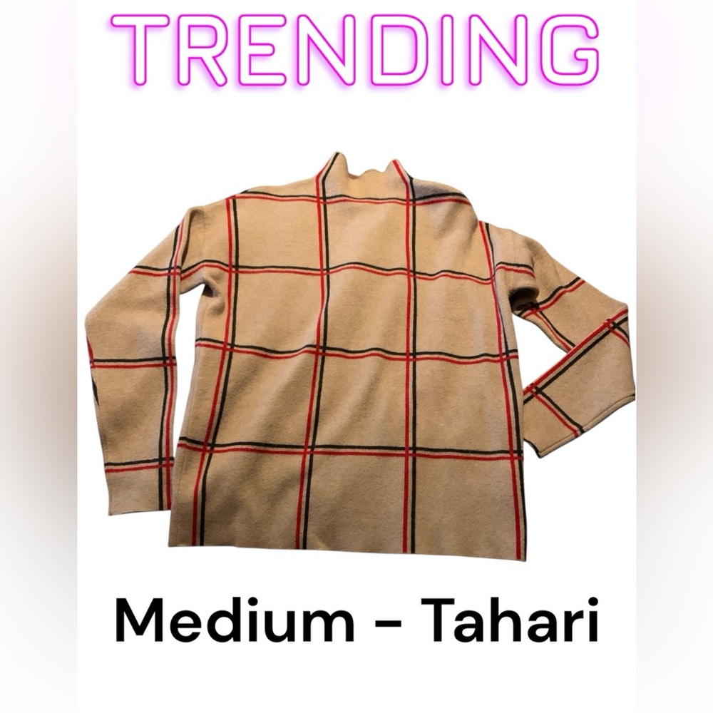 Tahari Womens mock Turtleneck Sweater in Tan with Red Accents plaid